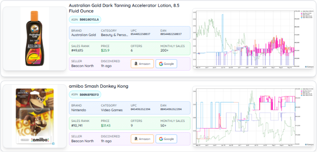 Product research interface with filtering options and unseen product highlights